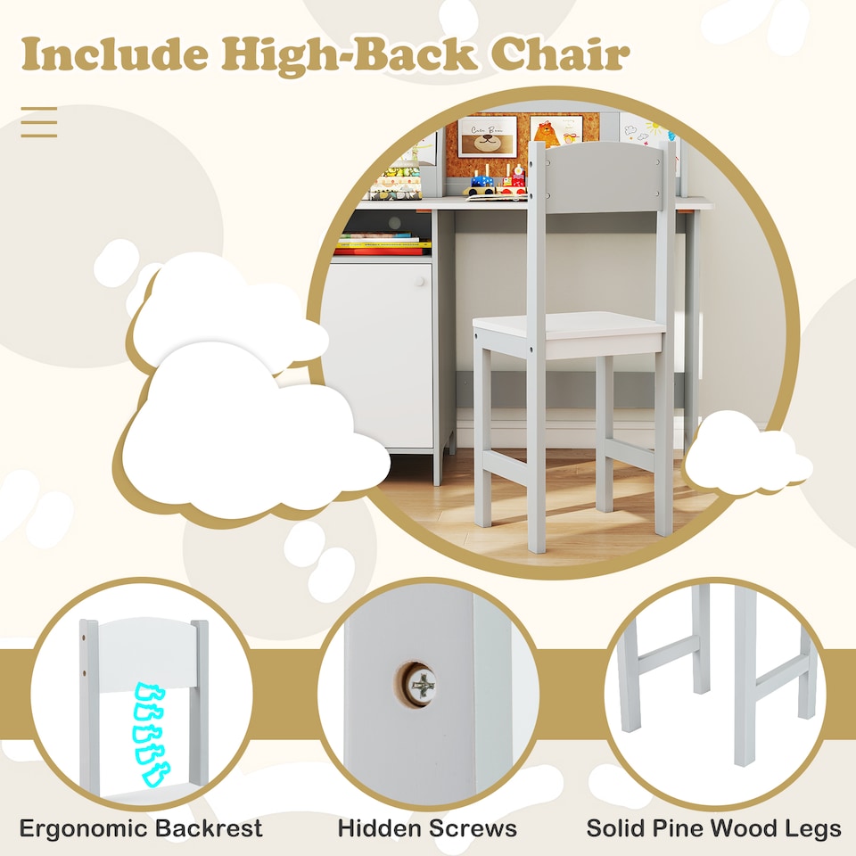 image 1 of COSTWAY Kids Table and Chair Set Children Study Table With  Hutch-Grey
