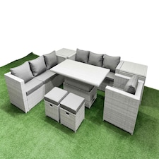 Fimous 8 PCs Rising Dining Table Set Rattan Furniture Set with 3 Seater Sofa Chair 2 Small Footstools 2 Side Tables Light Grey