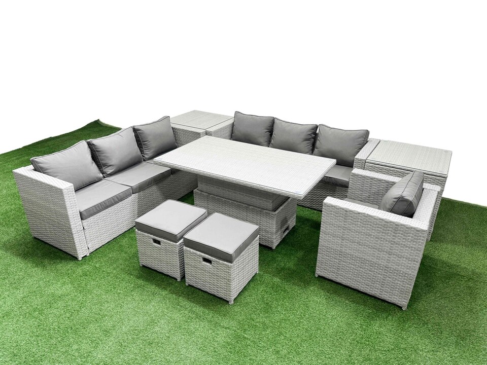 image 1 of Fimous 8 PCs Rising Dining Table Set Rattan Furniture Set with 3 Seater Sofa Chair 2 Small Footstools 2 Side Tables Light Grey