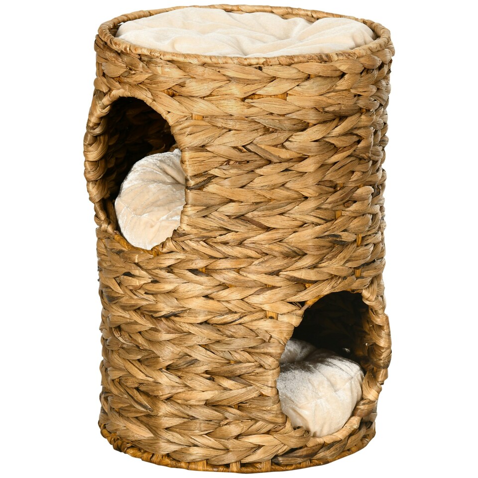 image 1 of PawHut 47cm Cat Barrel Tree for Indoor Cats w/ Two Cat Houses, Cushion