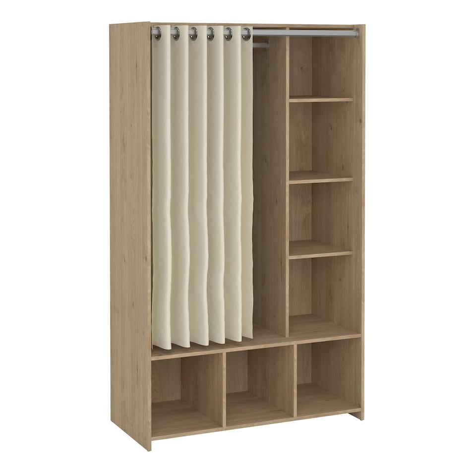image 1 of Uppsala Open Wardrobe Unit in Jackson Hickory Oak with a Beige Textile Curtain