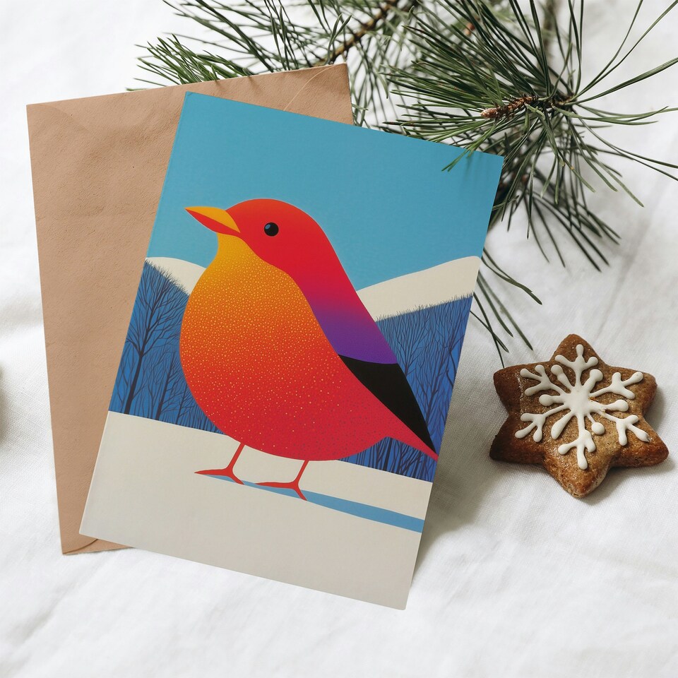 image 1 of Greeting Card Funky Robin Bird In Snow Winter Landscape Modern Blank For Him Or Her Art Xmas Christmas Card