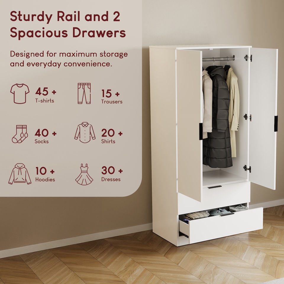 image 1 of Vida Designs Trega 2 Door 2 Drawer Wardrobe Bedroom Storage Unit with Hanging Clothes Rail - White
