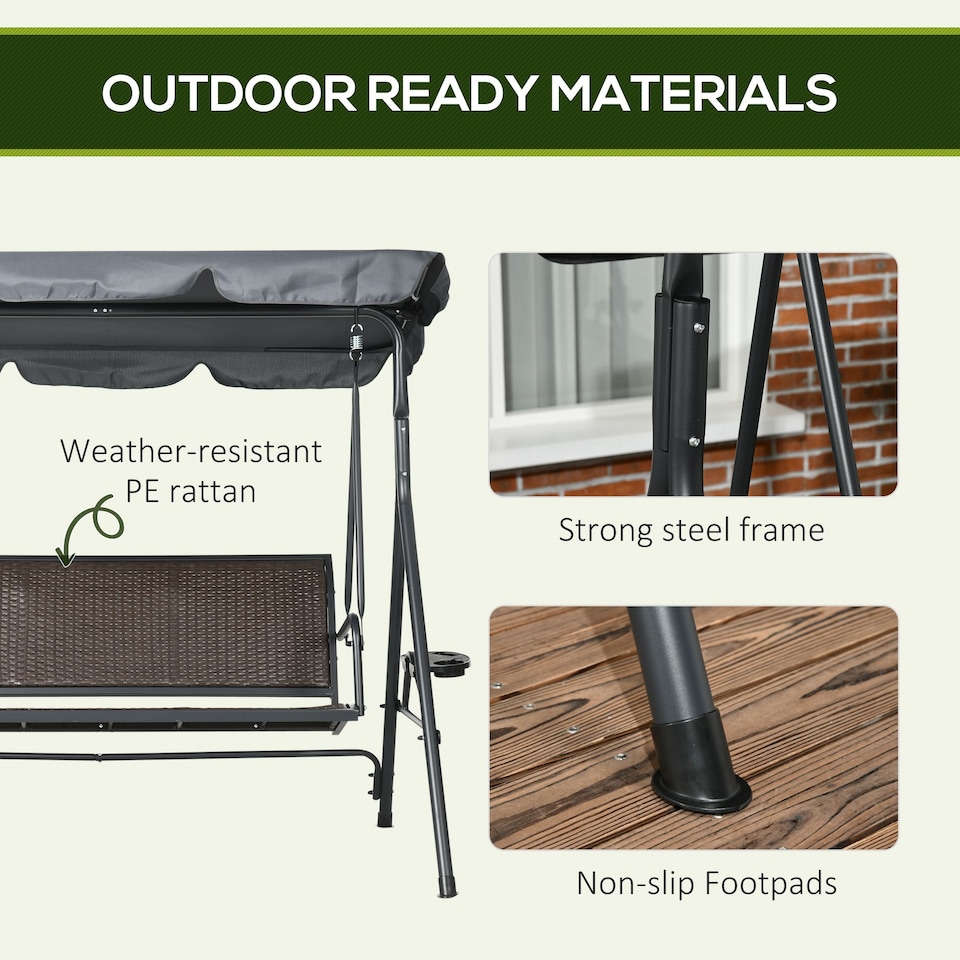 image 1 of Outsunny 3 Seater Swing Chair, Garden Swing Seat Bench with Adjustable Canopy, Rattan Seat and Steel Frame for Patio, Yard | Multi | Dark Grey, Brown