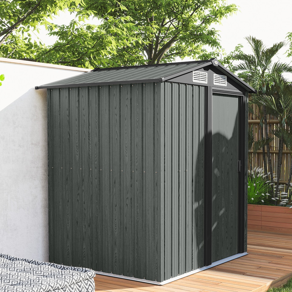 image 1 of Outsunny 5ft x 4ft Garden Shed, Metal Tool Storage Shed with Sliding Door, Sloped Roof and Foundation Kit for Garden, Patio, Grey Wood Effect | Grey | 1