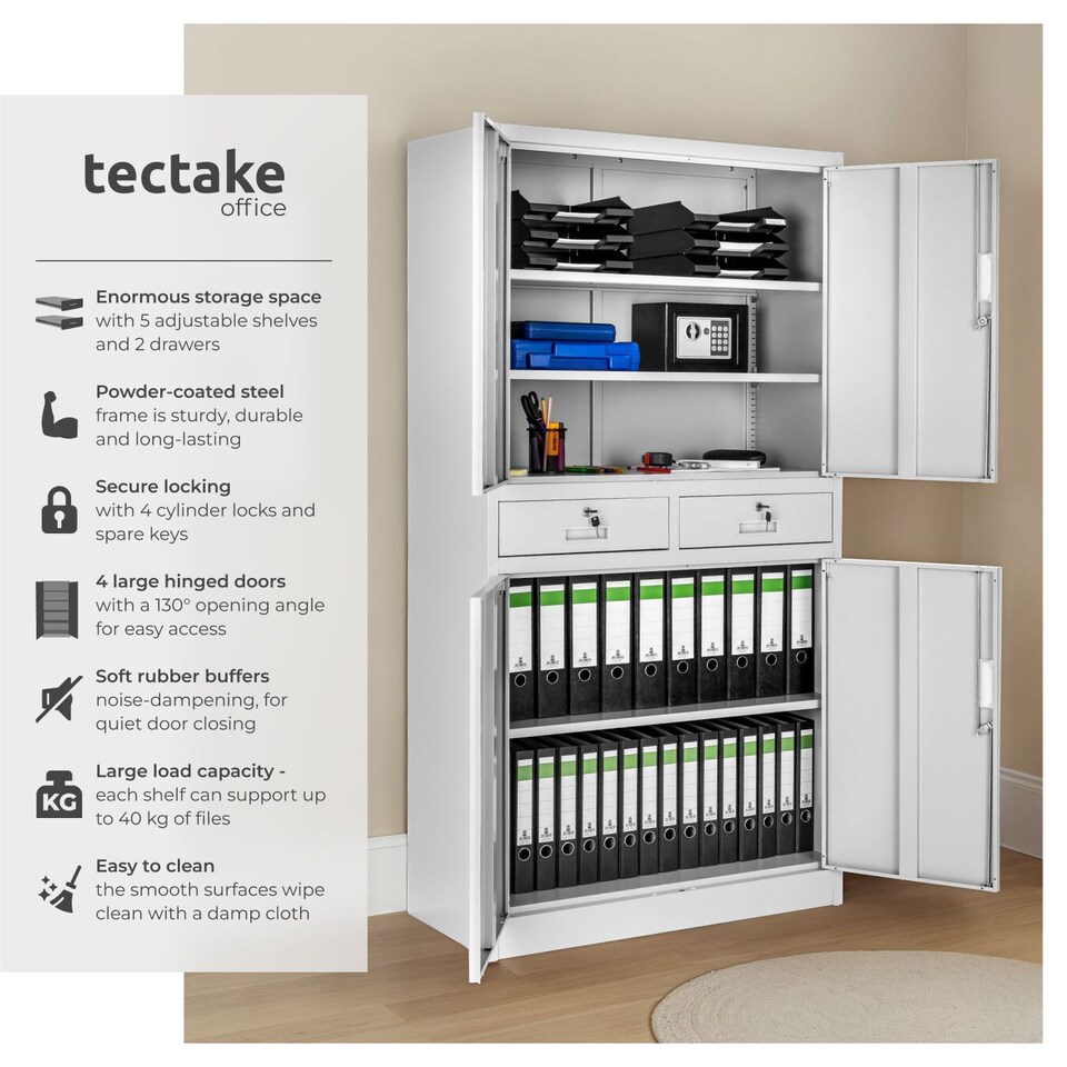 image 1 of Filing Cabinet Cosmo - 2 drawers, 5 adjustable shelves, 180 x 80 x 40 cm | Grey | light grey | 80 x 40 x 180 cm | 1