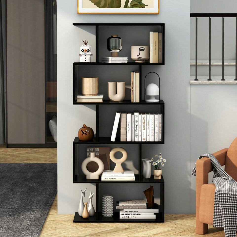 image 1 of COSTWAY 5-tier Bookcase S-Shaped Bookshelf Display Rack Black Black