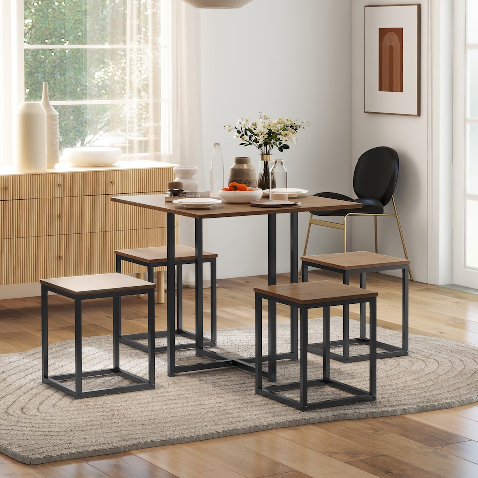 image 1 of HOMCOM 5 Piece Dining Table and Chairs Set 4, Industrial Space Saving Table and Chairs with Metal Frame, Square Kitchen Table and Stools for Dining Room, Brown