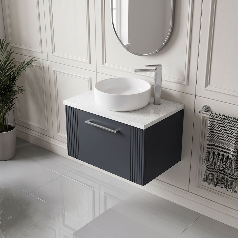 image 1 of Balterley Partial Fluted 1 Drawer Wall Hung Vanity Unit with Sparkling Laminate Worktop | Grey | Satin Soft Black