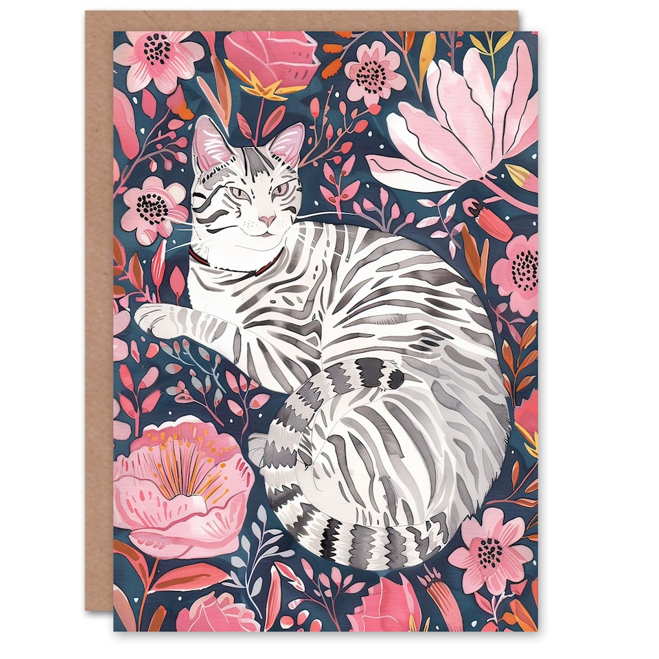image 1 of Greeting Card Striped Cat Laying in Pink Wildflowers Watercolour
