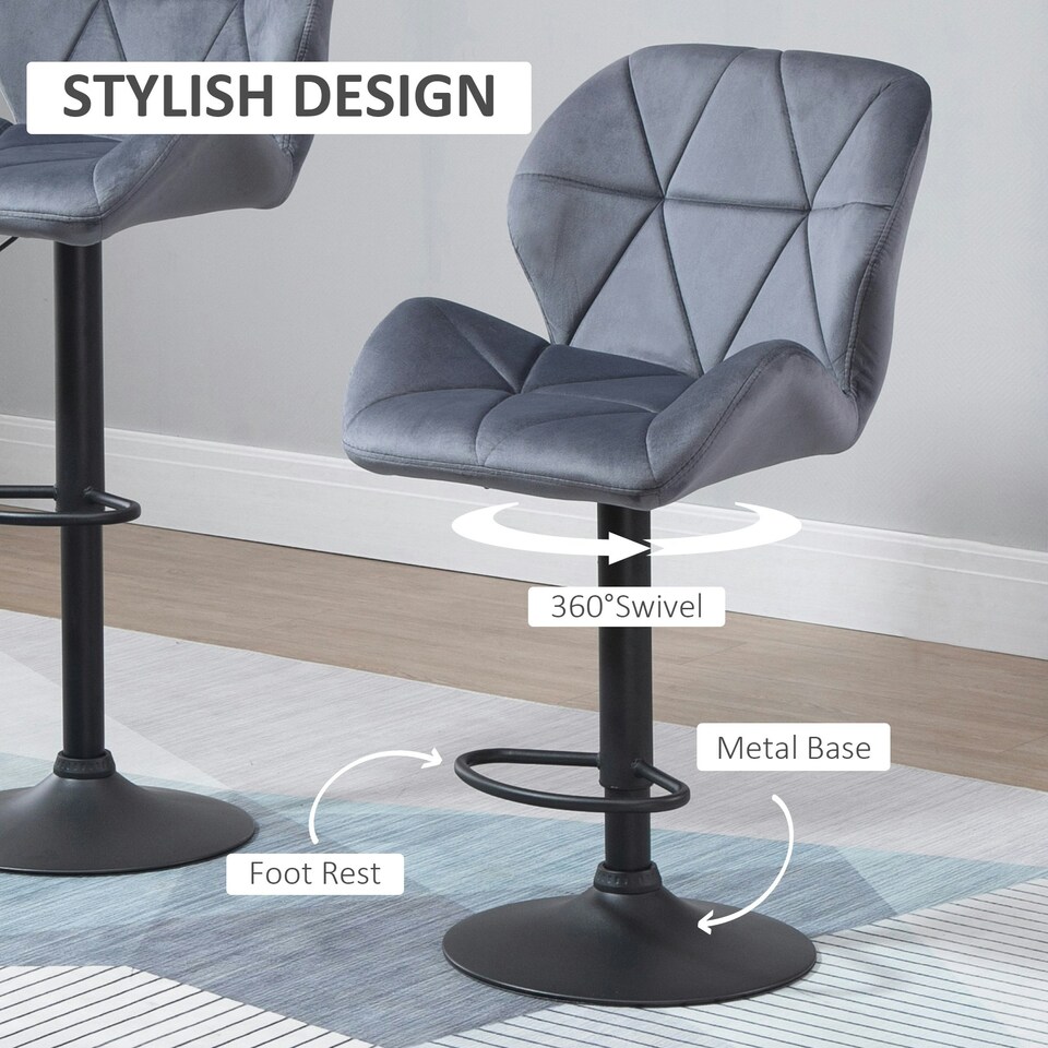 image 1 of HOMCOM Bar Stool Set of 2 Adjustable Height Counter Chairs Dark Grey