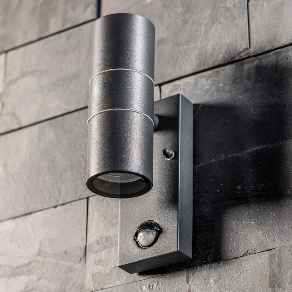 image 1 of CGC MIA Dark Grey Stainless Steel GU10 Up-and-Down Outdoor Wall Light IP44 with PIR Motion Sensor.