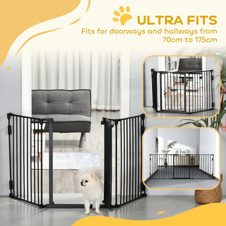 image 1 of PawHut Pet Safety Gate 3 Panels Playpen Metal Fence W/ Walk Through Door Black