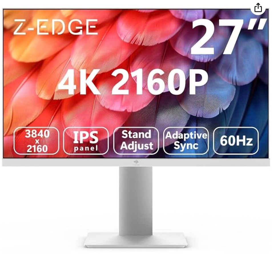 image 1 of Z-Edge 27 Inch 4K Monitor UHD 3840x2160 IPS 60Hz Height Adjustable White | PC Monitor, 250cd/m² Brightness, Adaptive Sync, Pivot Swivel Tilt, HDMI DisplayPort, VESA Mountable