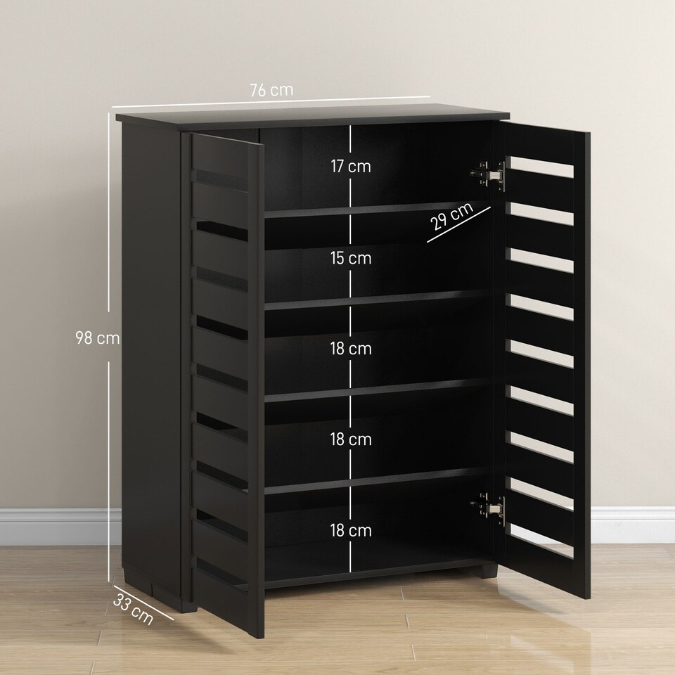 image 1 of HOMCOM Narrow Shoe Cabinet for Entryway, 5-Tier Slim Shoe Storage Cabinet with 2 Slatted Doors and Adjustable Shelves for 15 Pairs, Black | Black | Black