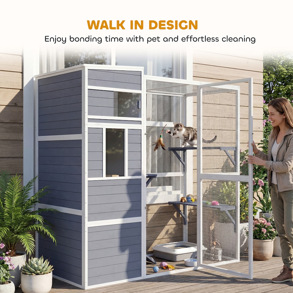 image 1 of PawHut Wooden Catio with Spacious Resting Rooms, 3 Platforms, Window, Grey