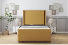 Sloomy Devonshire Mustard Plush Bed Frame With 50" Upholstered Wingback Headboard 4' Small Double