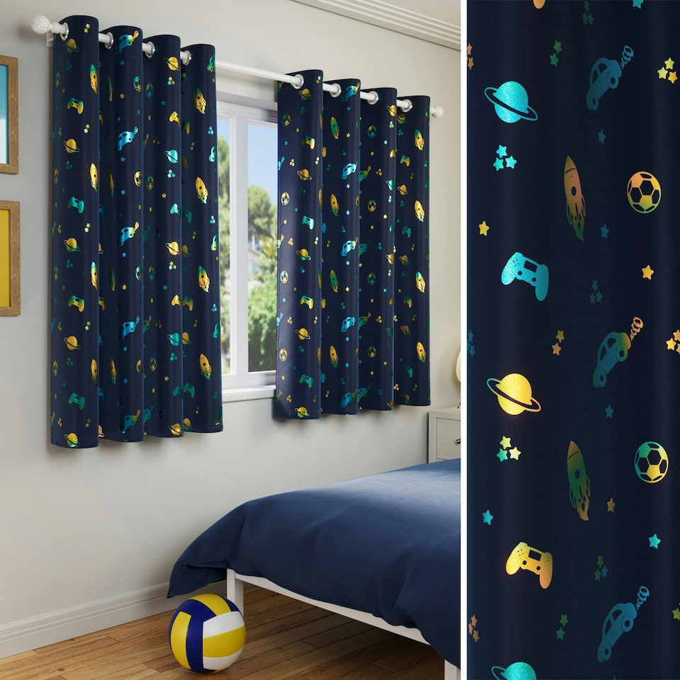 image 1 of Pair of Infinity Blue Metallic Print Kids Curtains 46 x 54 inch (117 x 137 cm) Room Darkening Eyelet Thermal Noise Reducing Curtains for Bedroom