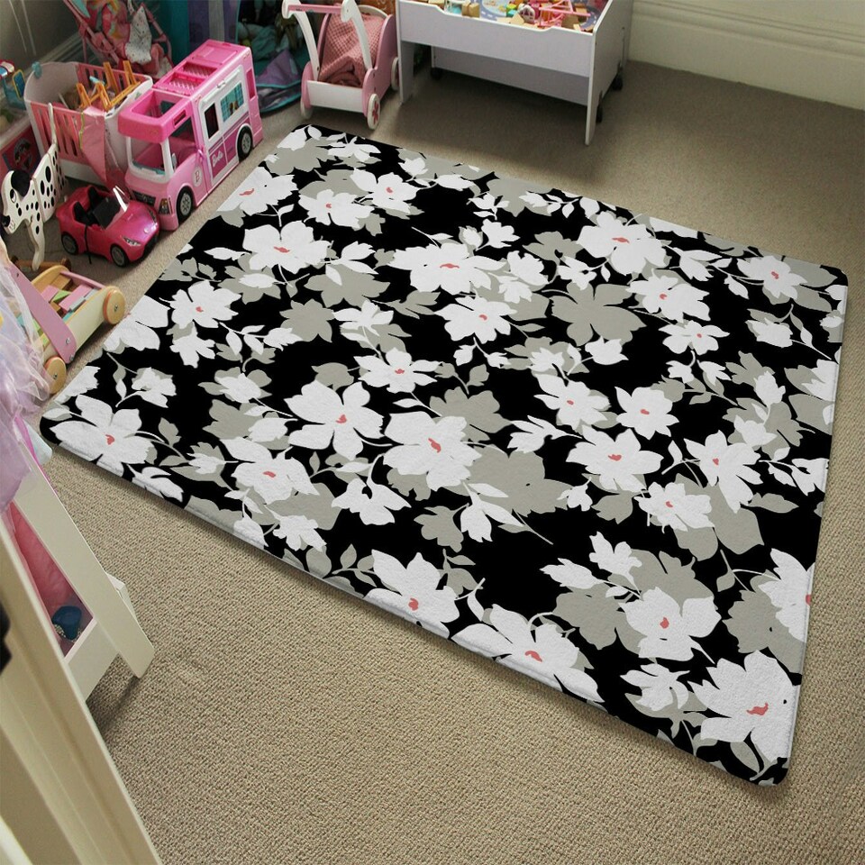 image 1 of Grey, White & Black Flowers (Rug) Grey | XL: 160x230cm