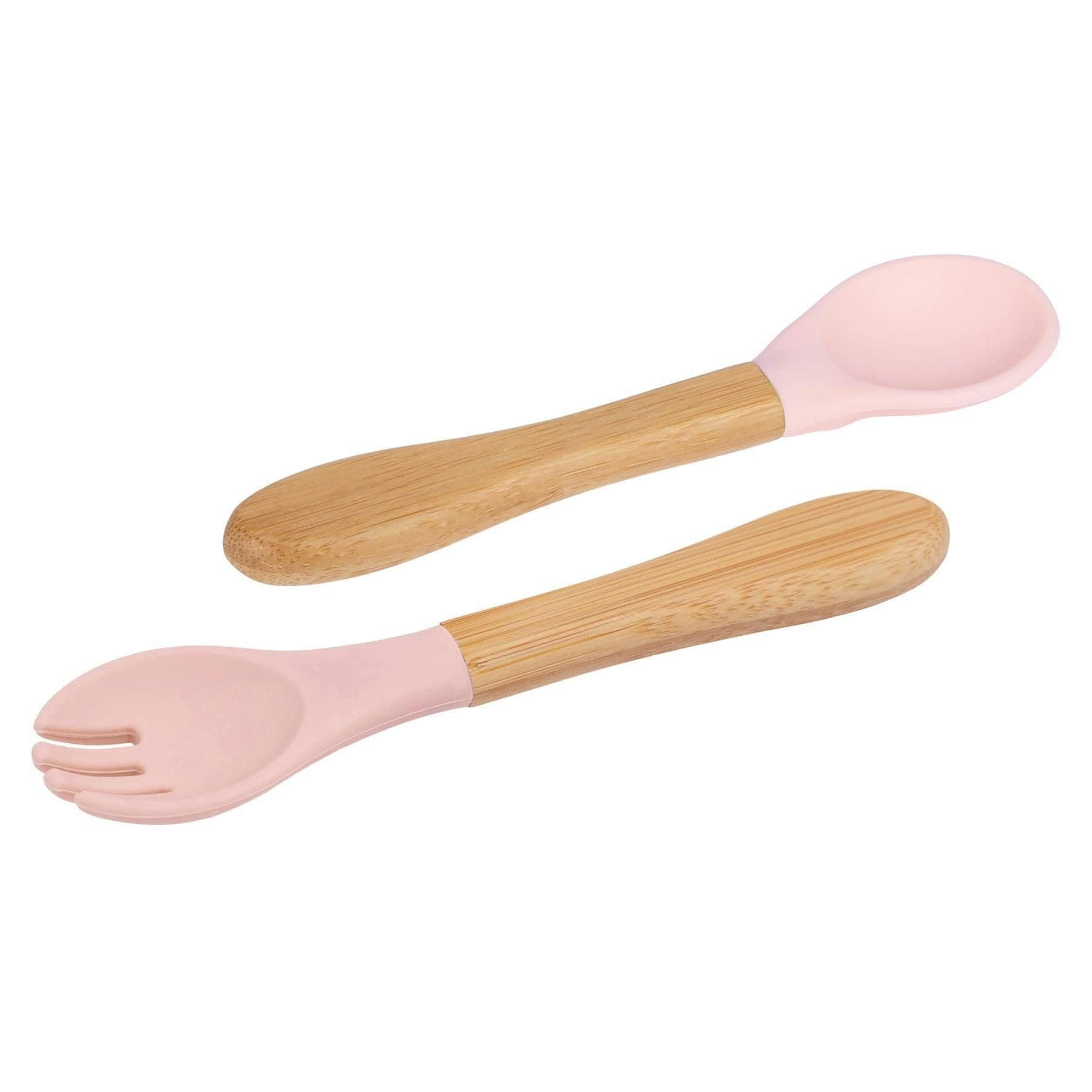 Tiny Dining Bamboo Silicone Tip Fork & Spoon Set Soft Baby Feeding Weaning Cutlery in Baby Pink