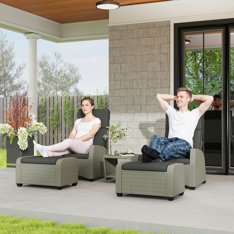 image 1 of Outsunny 5 PCs Rattan Garden Furniture Set with Reclining Chairs, Grey