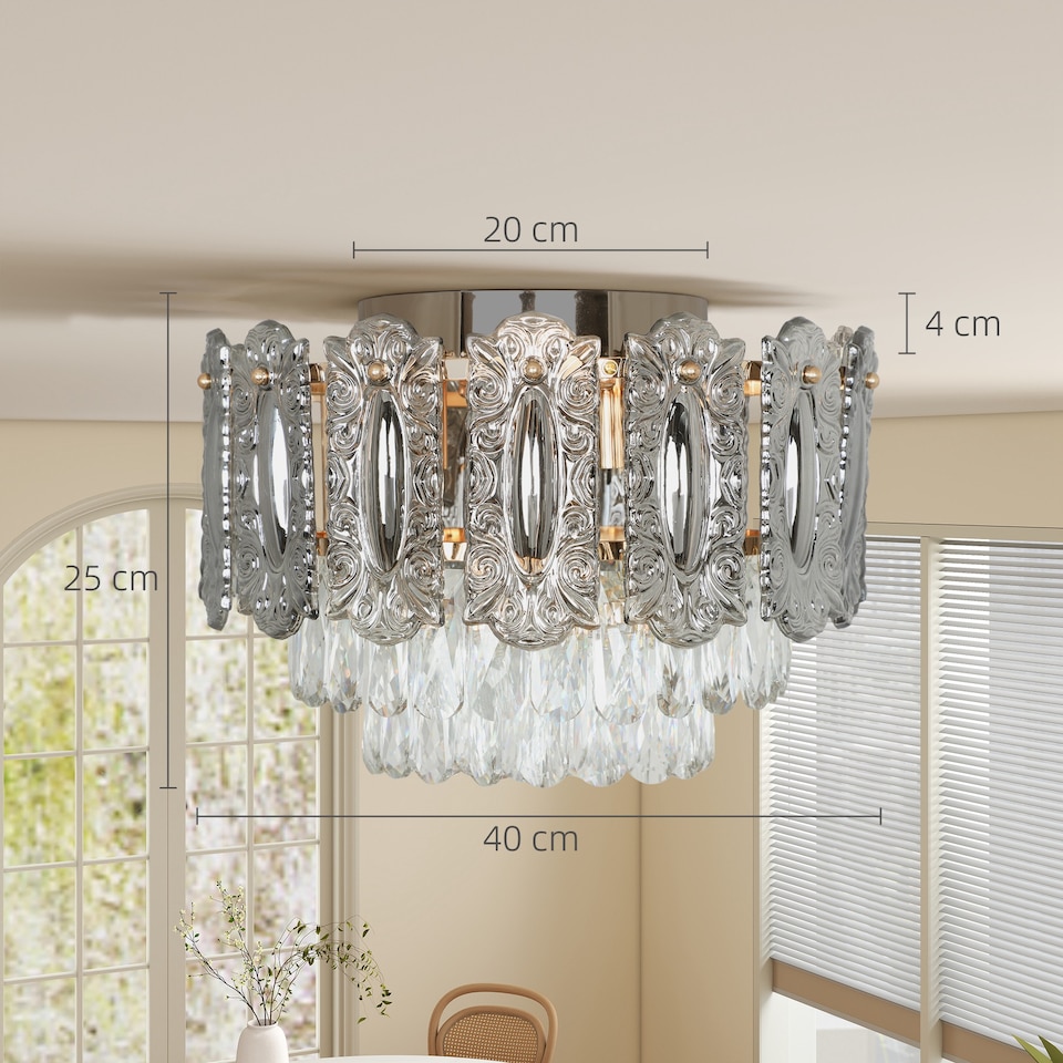 image 1 of HOMCOM Chandelier Ceiling Light, 3-Light Vintage Flush Mount Fixture with Dual Crystal and Smoke Glass Shade, LED Ceiling Light for Living Room Bedroom, 3 E27 Sockets, Bulbs Not Included, Gold Tone