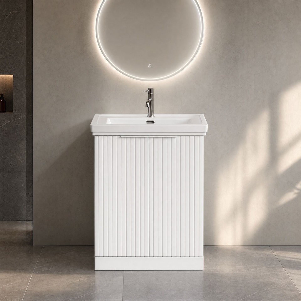 image 1 of Balterley Callingwood Contemporary Floor Standing 2 Door Vanity Unit with Traditional 1 Tap Hole Fireclay Basin , 600mm, Matt White