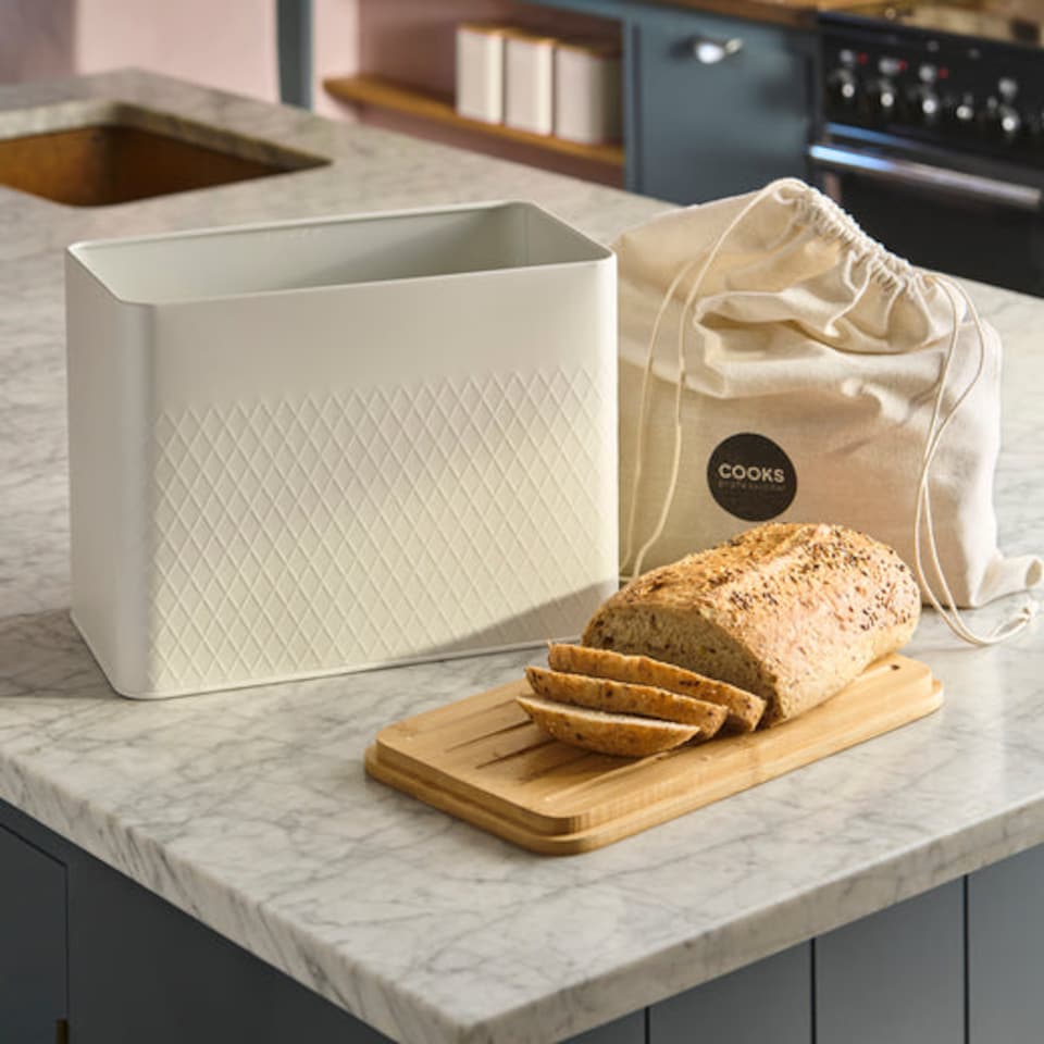 image 1 of Cooks Professional Diamond Pattern Bread Bin with Linen Bag & Bamboo Cutting Board Lid | White | White | 1
