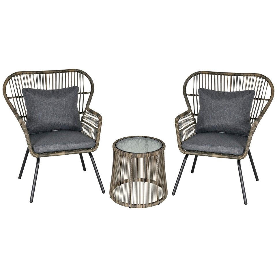 image 1 of Outsunny 3 PCS Webbed PE Rattan Outdoor Patio Set w/ Cushions Steel Frame Grey