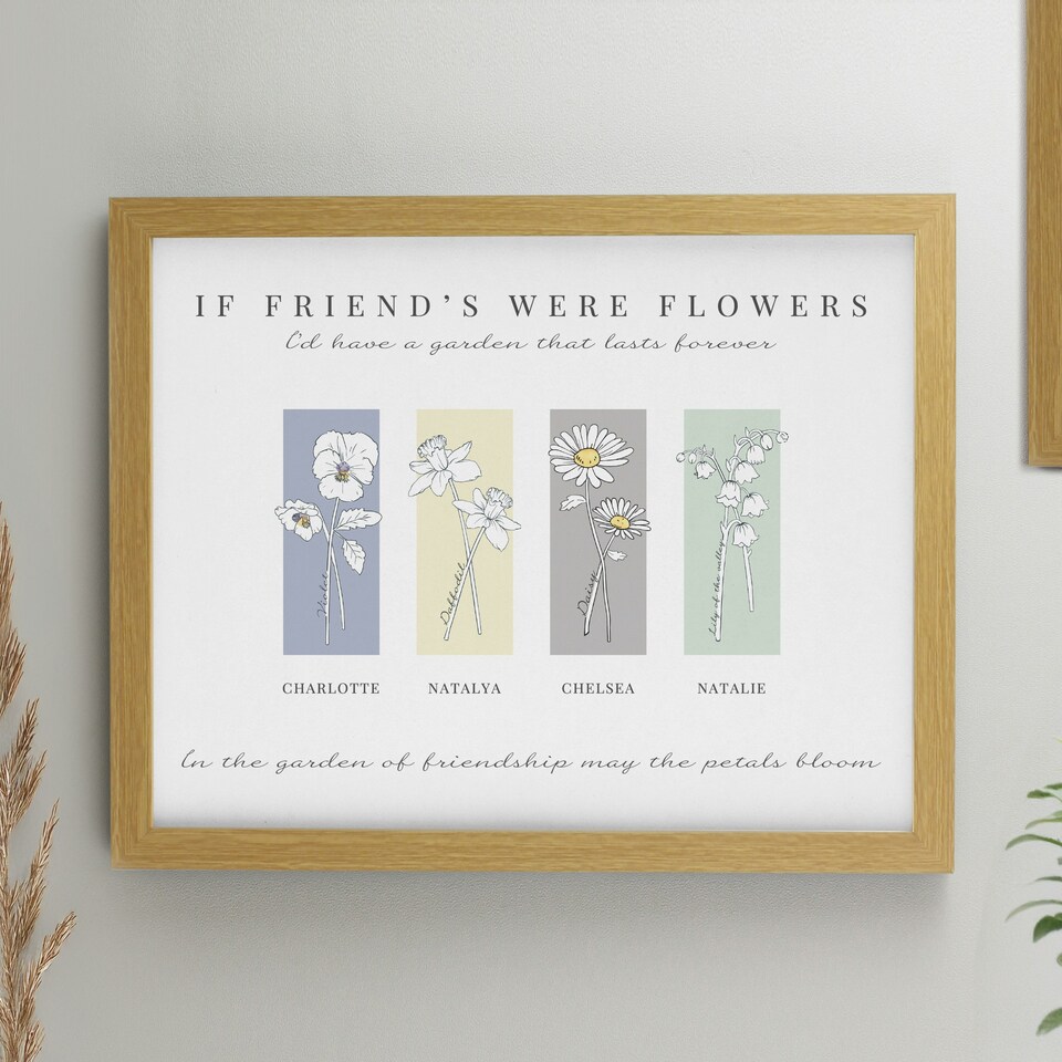 image 1 of Personalised Birth Flower Family of 4 Oak Framed Print Brown | One Size