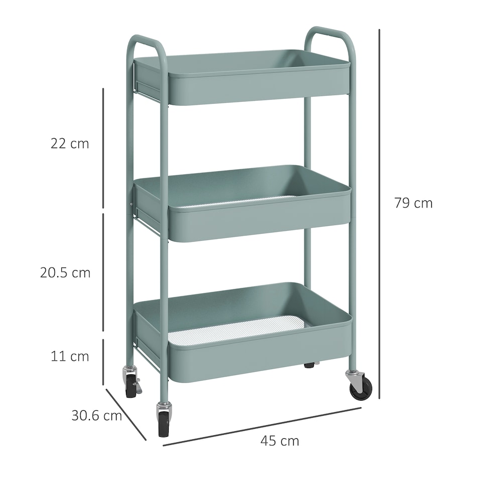 image 1 of HOMCOM 3-tier Storage Trolley on Wheels, Metal Storage Cart, Rolling Ultility Cart with 3 Mesh Baskets for Living Room, Kitchen, Light Blue