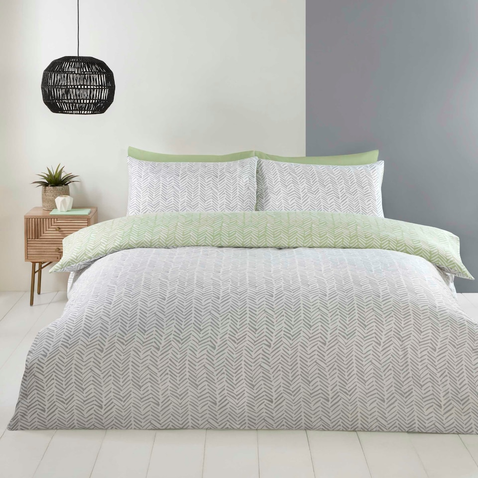 image 1 of Helston Reversible Duvet Cover Set with Pillowcase Bedding Green | King