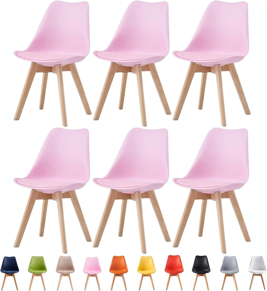 image 1 of Set of 6 Dining Chairs with Solid Wooden Legs and Seat Cushion Pads in Pink - Eva by MCC