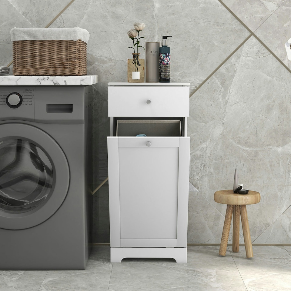 image 1 of HOMCOM Bathroom Cabinet with Folding Laundry Hamper and Drawer, White