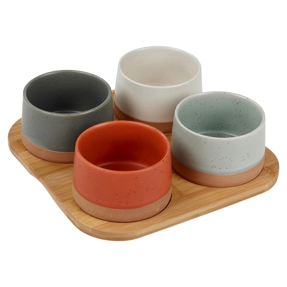 image 1 of Stoneware Serving Condiment Sets Snack Dishes Bamboo Paddle Board Platter | Multi | Multicoloured | 4 Bowls on Board