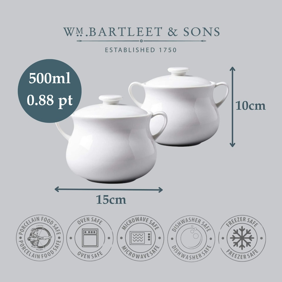 image 1 of Wm Bartleet & Sons Porcelain Mini Casserole / Soup Bowls with Lid, Sets of 2 White
