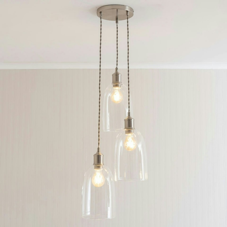 image 1 of ValueLights Kira Glass Dome 3 Drop Cluster Brushed Chrome Ceiling Pendant Light with Bulbs Silver