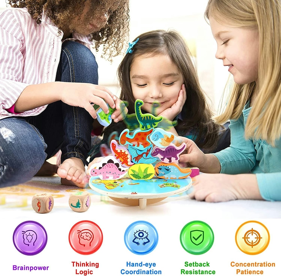 image 1 of Wooden Dinosaur Stacking Balance Toy -Animal Balance Blocks with Dice, Wooden Rocker Board & 10 Dinosaur Shapes, Educational Fine-Motor Skill Game