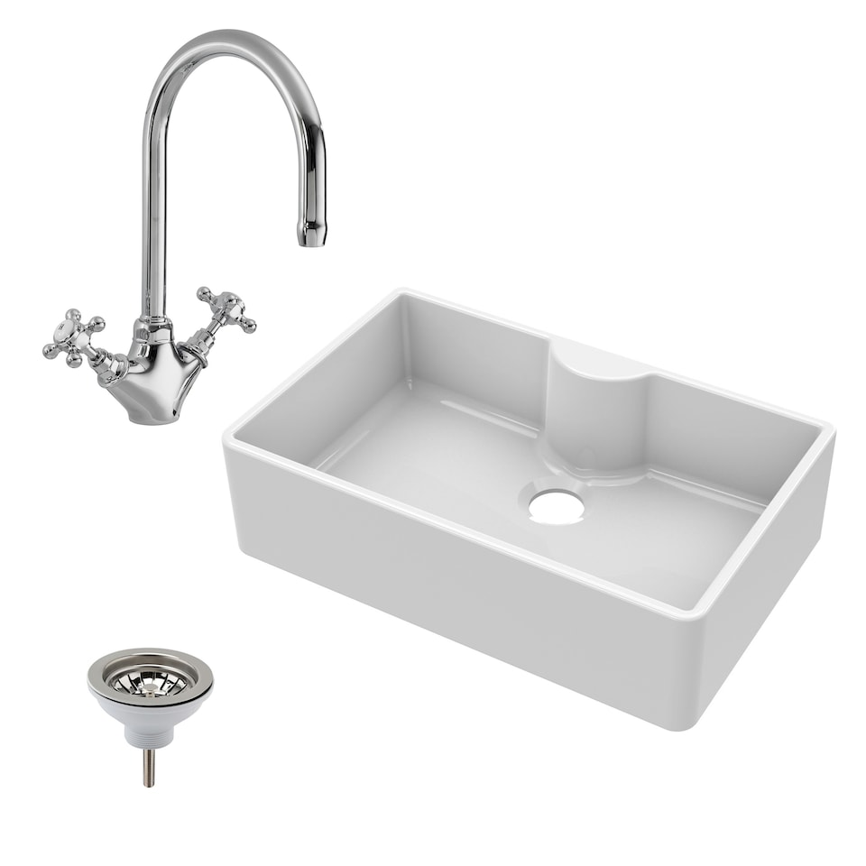 image 1 of 795mm - Fireclay 1 Bowl Butler Kitchen Sink - Mono Mixer Tap, Tap Ledge & Waste