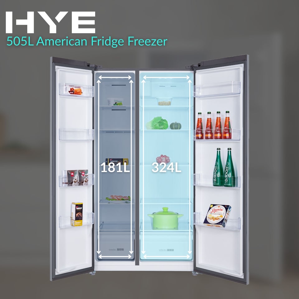 image 1 of HYE 505 Litre Frost Free American Fridge Freezer, 92cm, Silver - RF01AM505S07