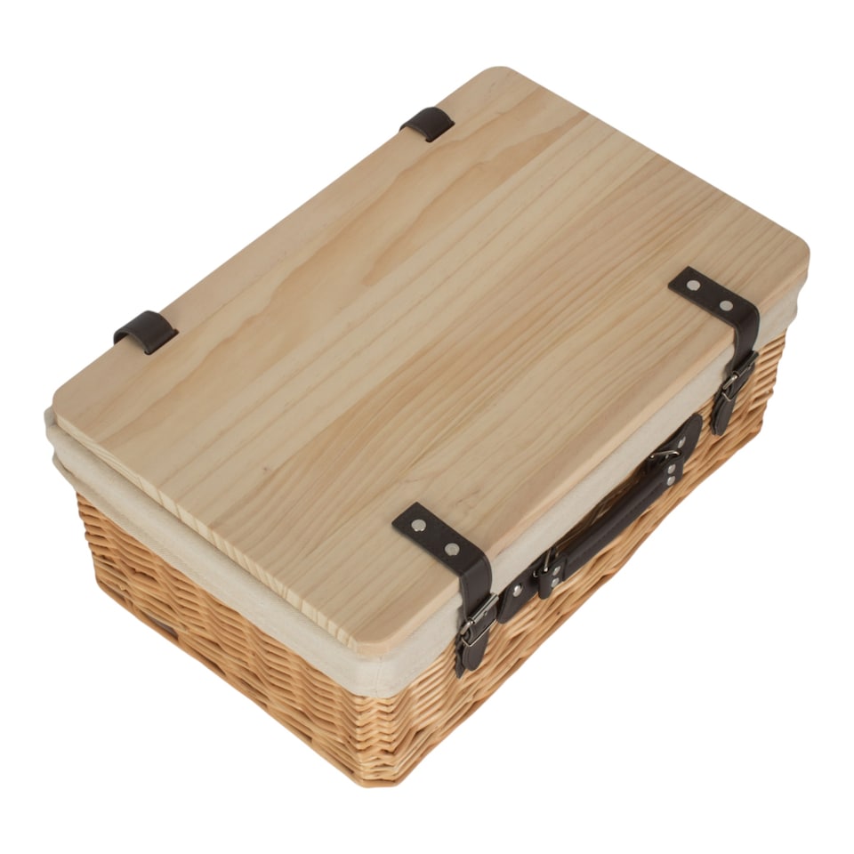 image 1 of 46cm Buff White Lined Willow Empty Picnic Basket with Pinewood Lid | Brown | White | L | 1