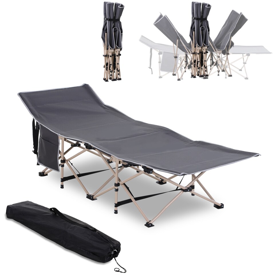 image 1 of Outsunny Single Person Camping Bed Folding Cot Outdoor Patio Portable Military Sleeping Bed Travel Guest Leisure Fishing with Side Pocket and Carry Bag - Grey