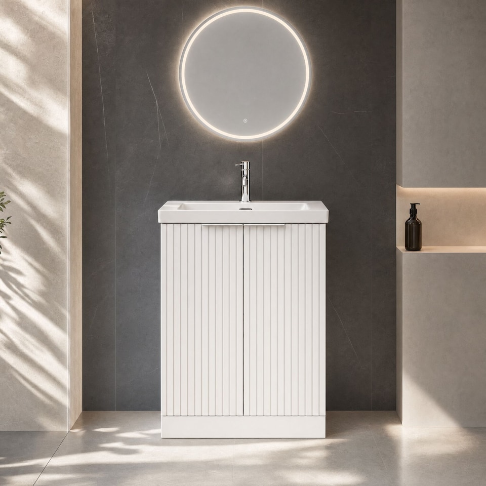 image 1 of Balterley Callingwood Contemporary Floor Standing 2 Door Vanity Unit with 1 Tap Hole Fireclay Basin , 600mm, Matt White