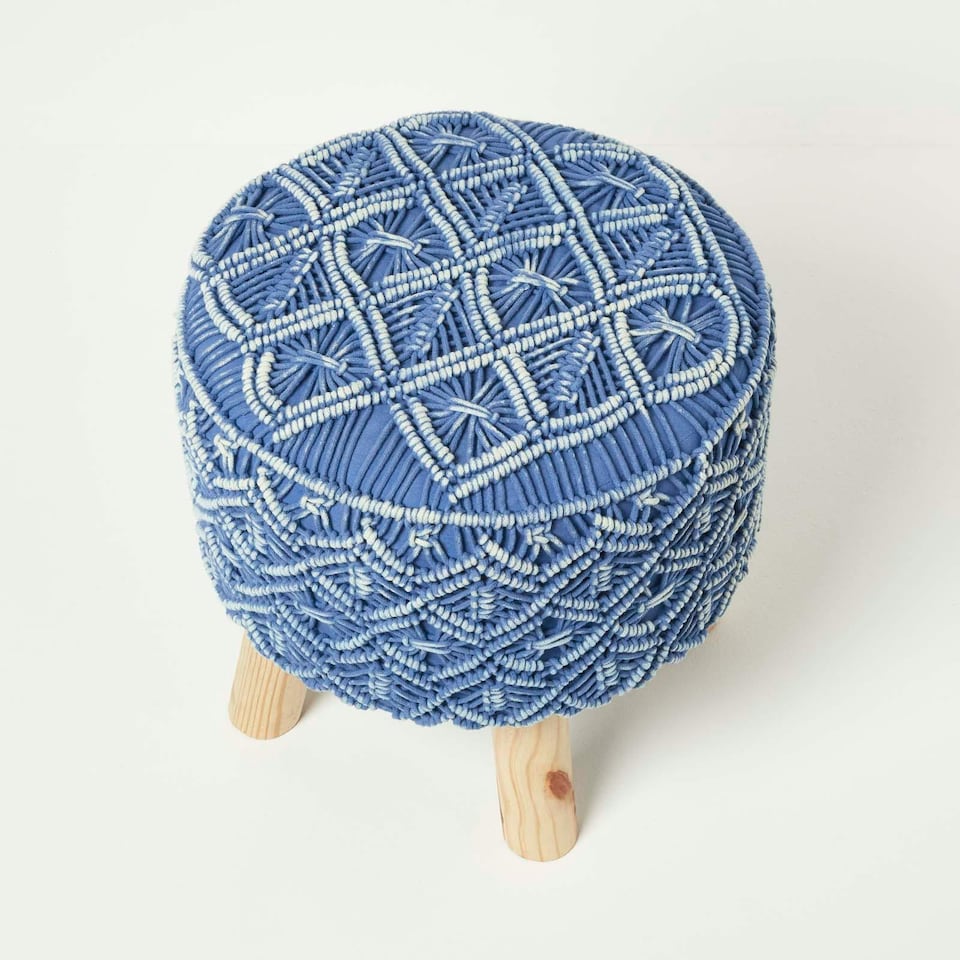 image 1 of Homescapes Willow Macrame Blue Footstool