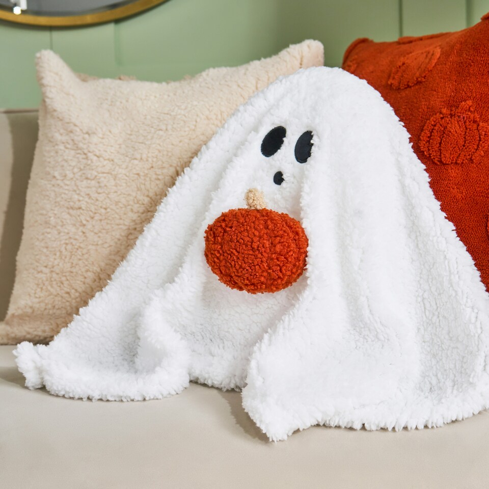image 1 of OHS Autumnal Halloween Gonk Pumpkin Ghost Ghoul Boo Matte Velvet Boucle Filled Decor Scatter Bed Chair Sofa Cushions Multi | Rust/Beige Gonk | 25cm