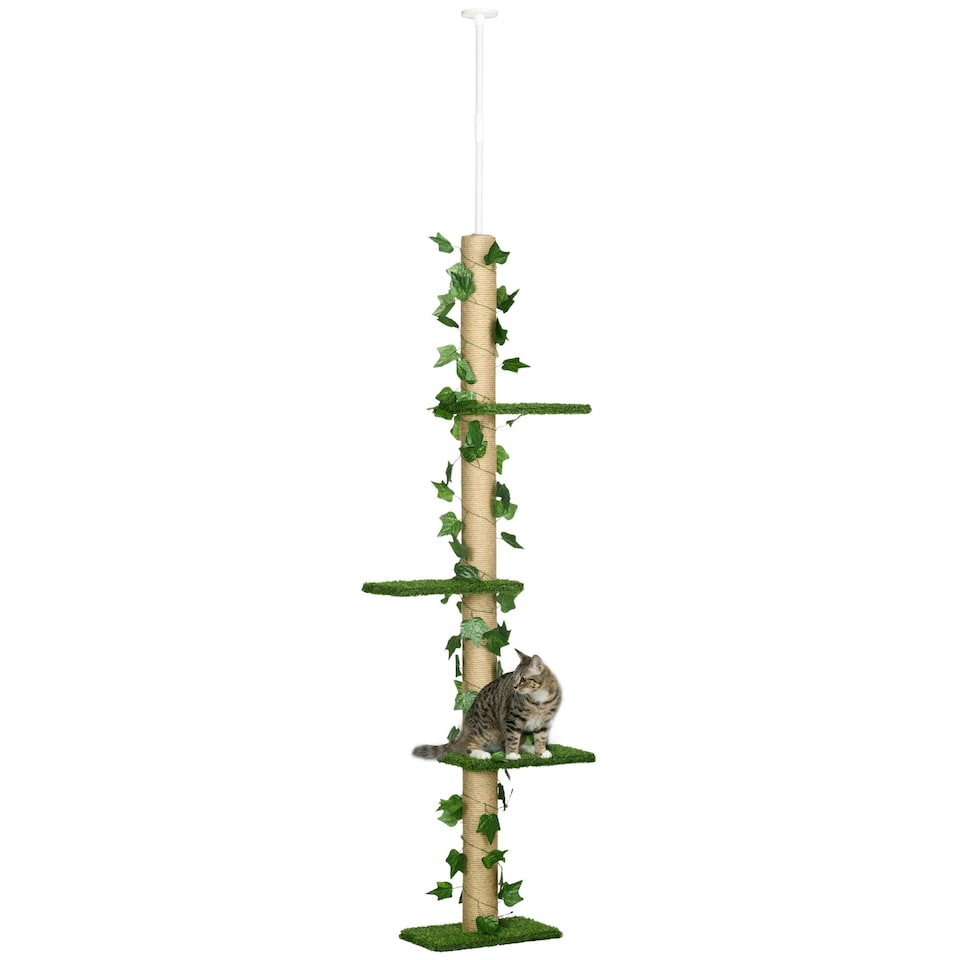 image 1 of PawHut 242cm Floor to Ceiling Cat Tree with Leaves Scratching Post, Green