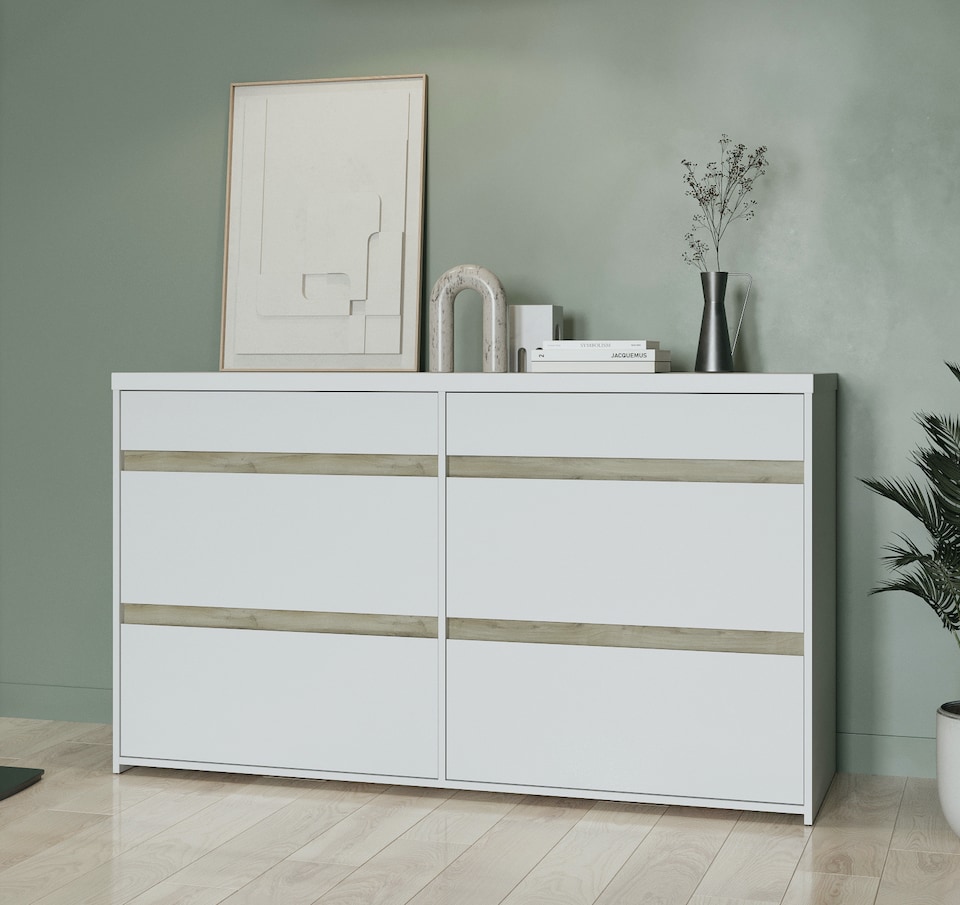 image 1 of FURNICOMP Avery 6 Drawer (3+3) Matt White and Oak Wide Chest of Drawers