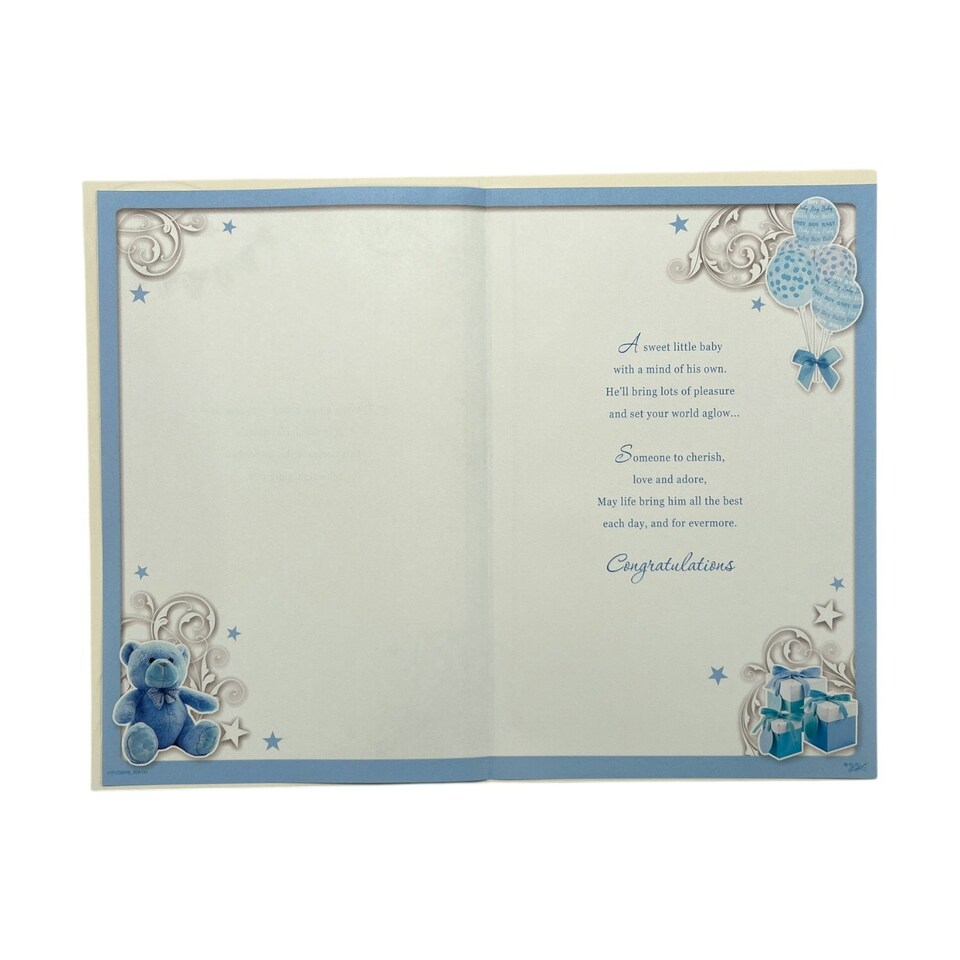 image 1 of On The Birth Of Baby Boy Blue Balloons And Teddy Design Opacity Congratulations Card
