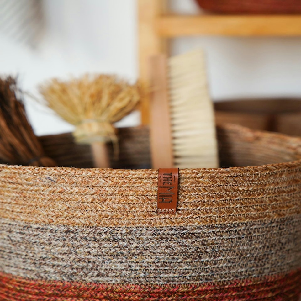 image 1 of Jute Handwoven Storage Basket (Orange And Grey)
