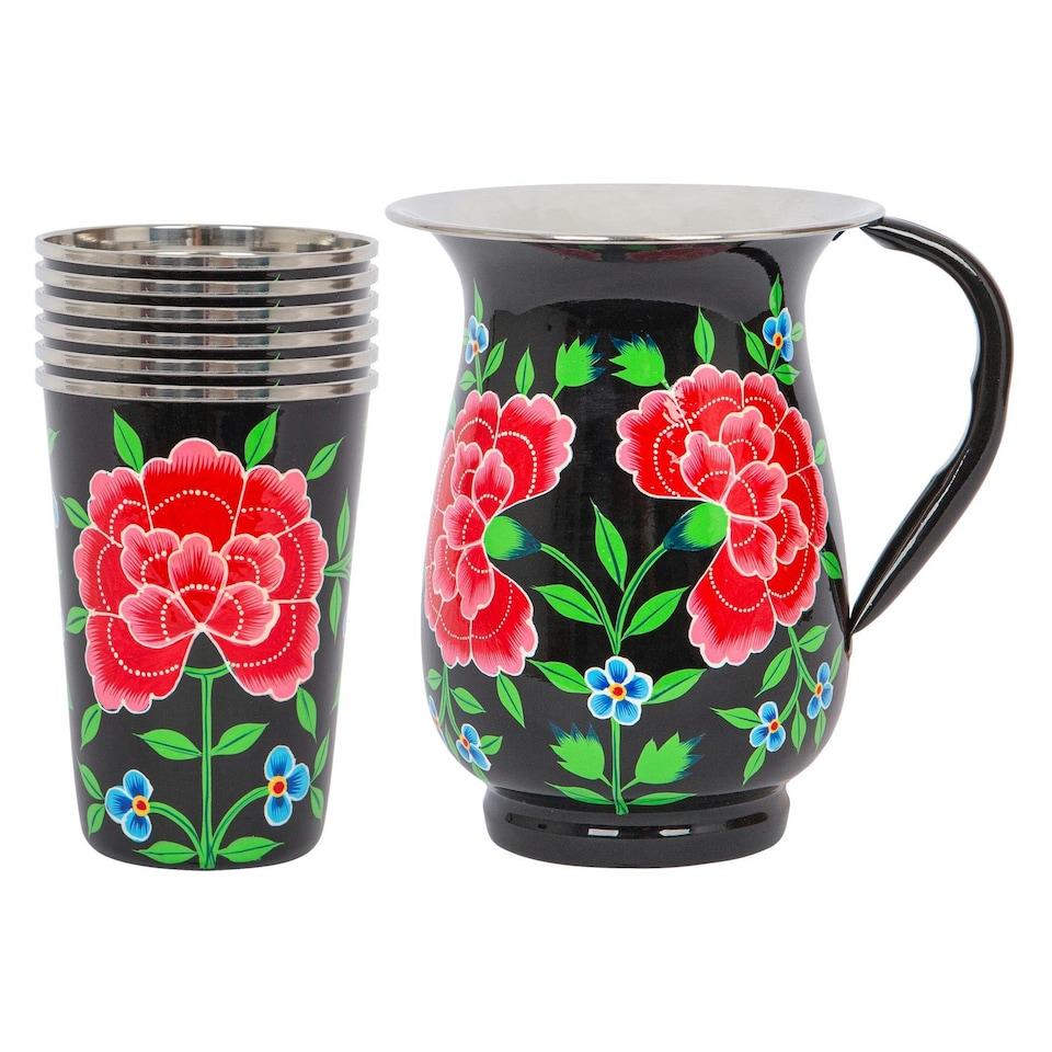 image 1 of BillyCan Hand-Painted Picnic Water Jug with 400ml Cups - 1.7L - Carbon Peony